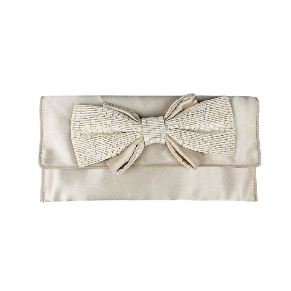 Vintage LA REGALE Clutch Ivory Beaded Bow Satin Bridal Evening Bag‎